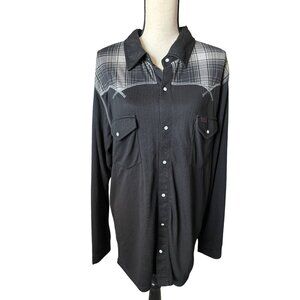 Dakine Shirt Western Pearl Snap Front  Shirt Black Grey Plaid Stretchy Comfy Siz